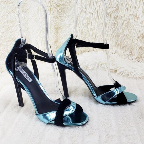 Cape Robbin Aqua & Black Velvet 4.5" High Heel Sandal Shoes - Picture 4 of 9